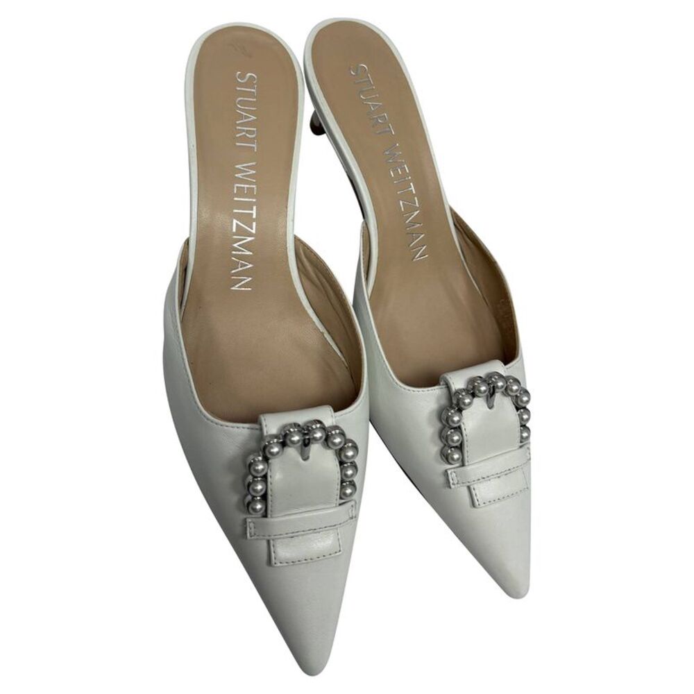 Stuart Weitzman Buckle-Embellished Kitten-Heel Mules in White Leather - Picture 7 of 11